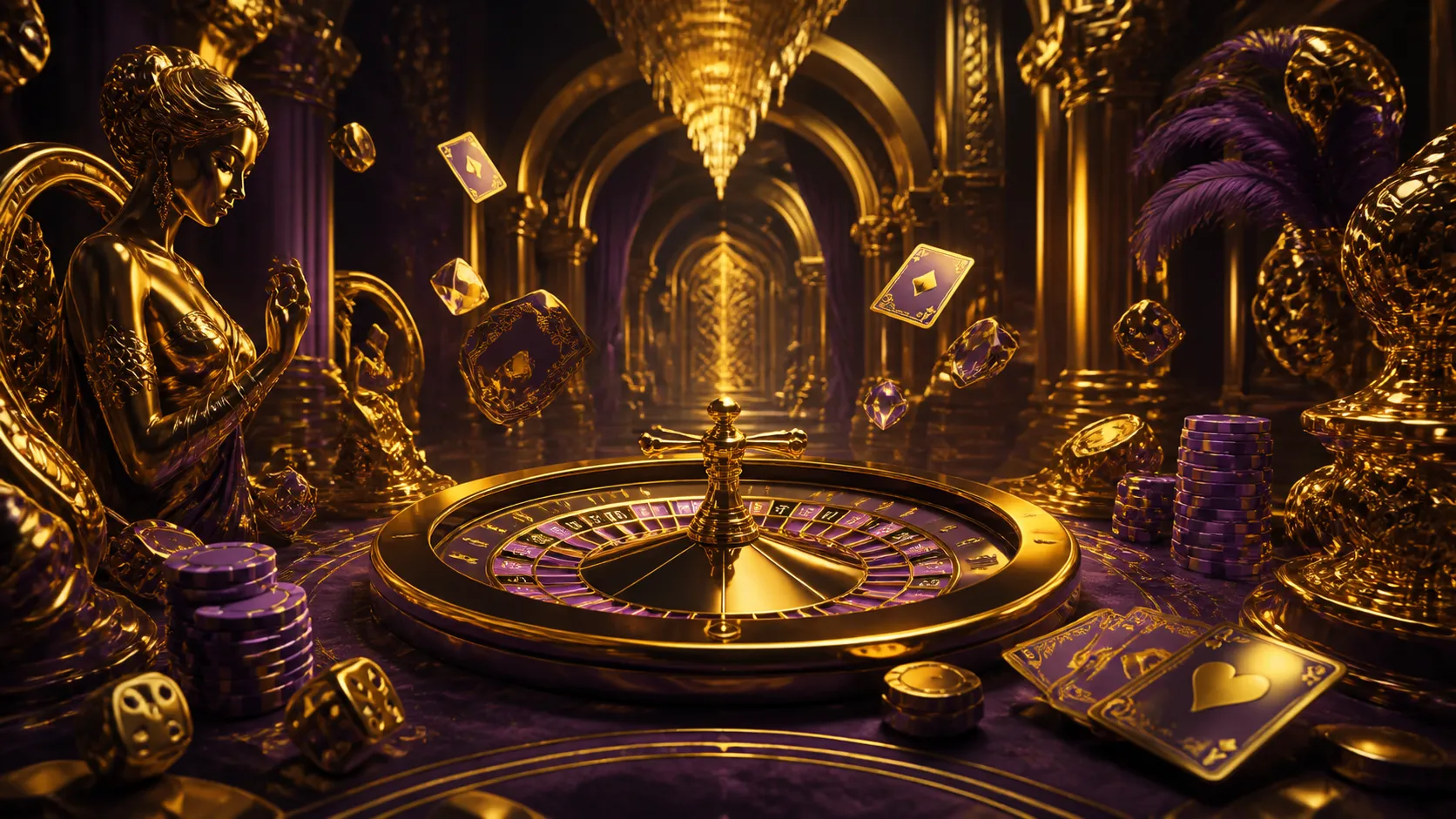 Luxurious casino-themed hero banner featuring glossy 3D poker chips, playing cards, and roulette wheel in a rich dual-color p