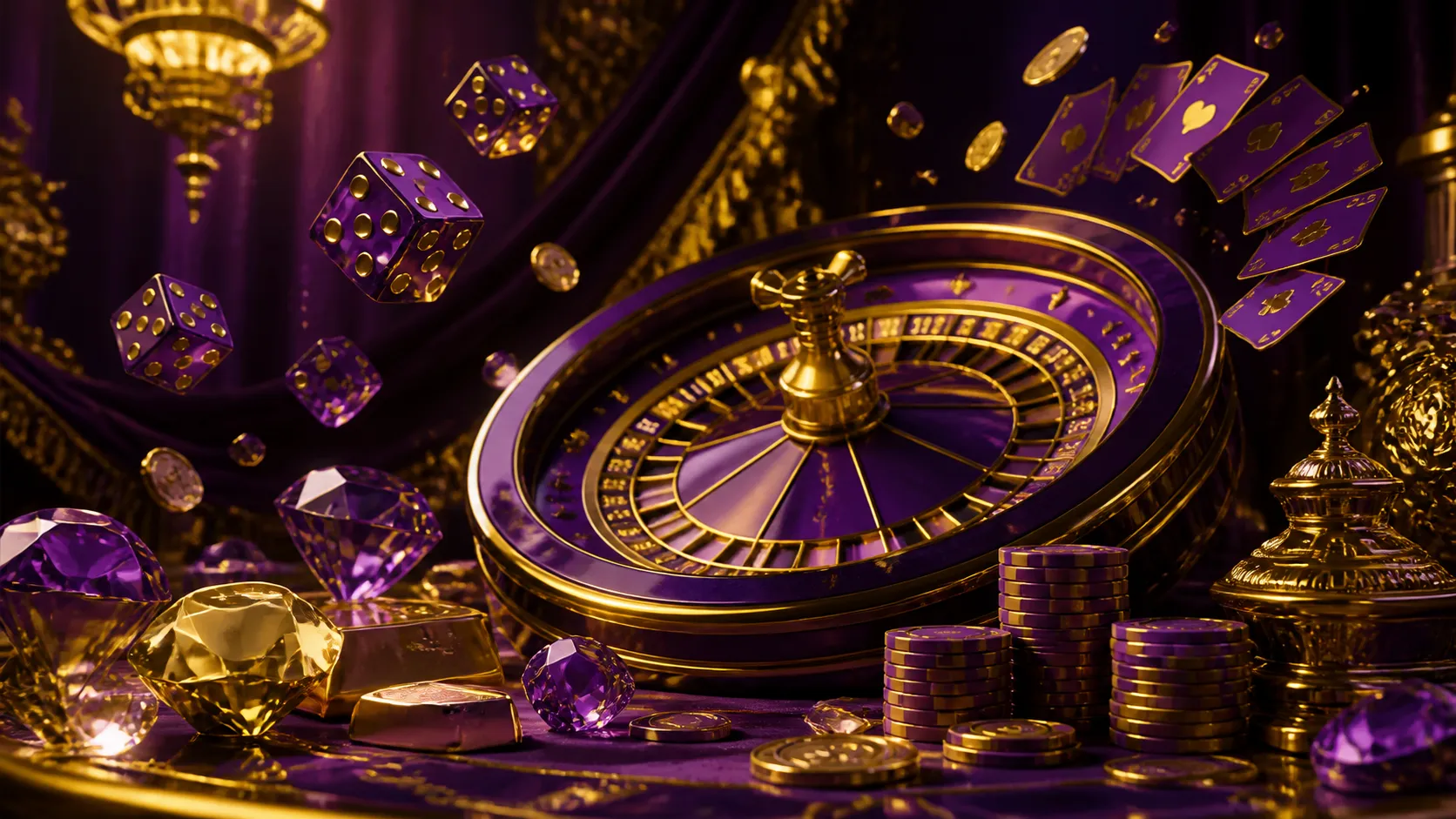 Cinematic hero banner of a luxury casino night with glowing poker chips and roulette wheel, embodying the elegance of Lussuri